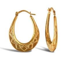 9ct Gold Traditional Creole Hoop Earrings Yellow Gold Oval Hoop Patterned GOLD
