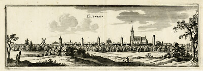 Antiker Druck-TOPOGRAPHIE-ANSICHT-WINDMÜHLE-ELBURG-NIEDERLANDE-Merian-ca. 1654