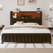 Queen Size Bed Frame with Bookcase Headboard and Charging Station