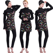 Black Printed Women Swimwear Muslim Islamic 3pcs Set Tops Pants Hijab Swimsuit