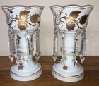 Vintage Pair of Hand Painted Milk Glass Mantle Lustres w/Chrystal Prisms