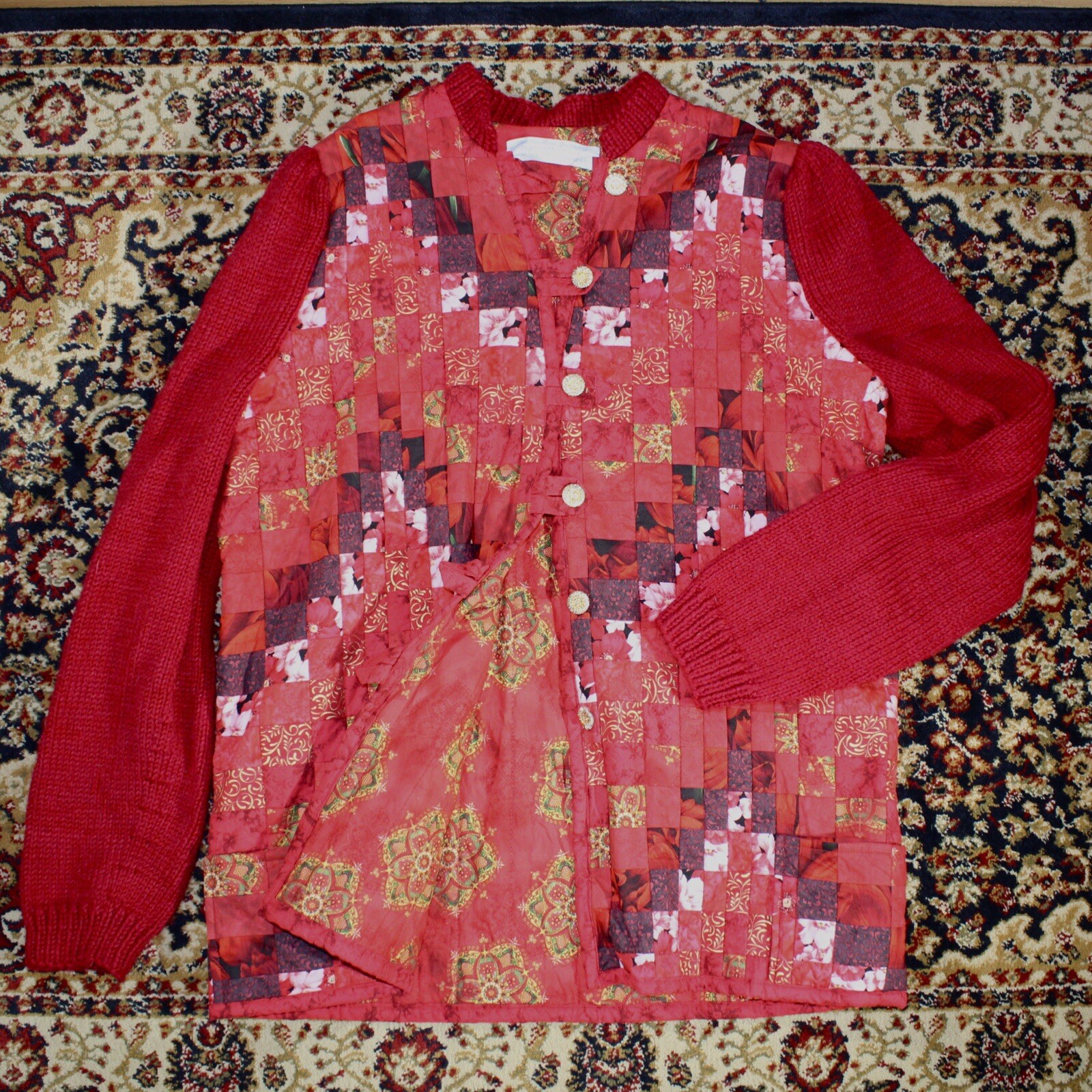 Handmade red patchwork quilt button up jacket wit… - image 1