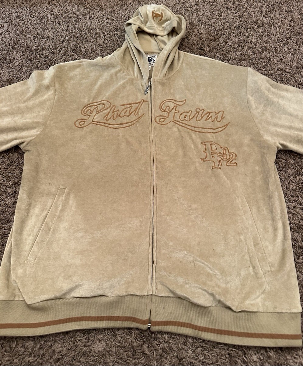 Vintage Phat Farm Suede Sweatshirt Beige Spell Out Hoodie Full Zip
