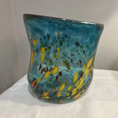 Vtg MCM Handblown Murano Blue Confetti End of Day Splatter Art Glass Vase 6”