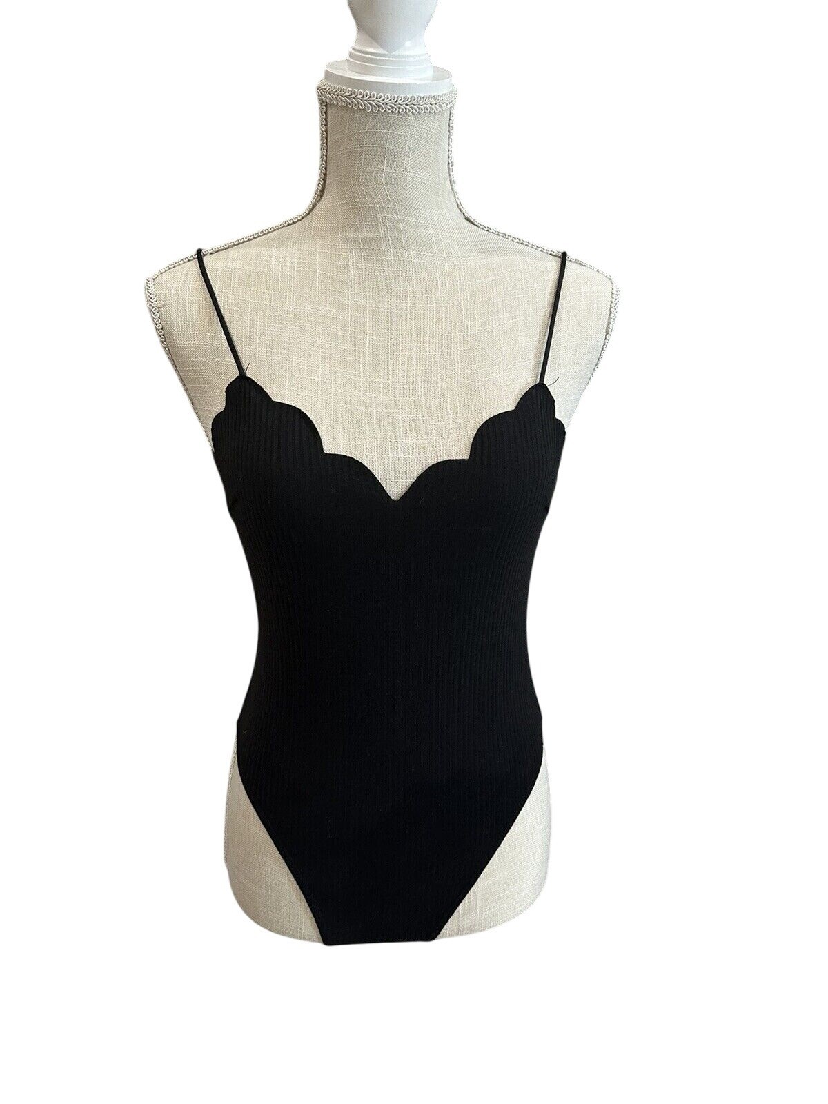 SHEIN Black Scalloped Ribbed Stretch Bodysuit Adjustable Straps XS