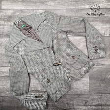 Benetton Vintage Houndstooth Blazer Brown Blue Wool Blend Tailored Size 40 M 