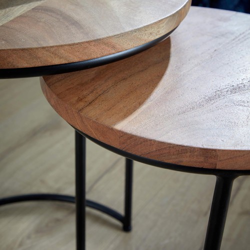 Nest 2 Tables Round Acacia Wood Tables Iron Legs Home Furniture Seconds - Picture 5 of 6