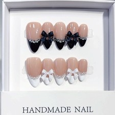 10pcs Black French Press on Nails Rhinestone Butterfly Almond Fake Nail Tips