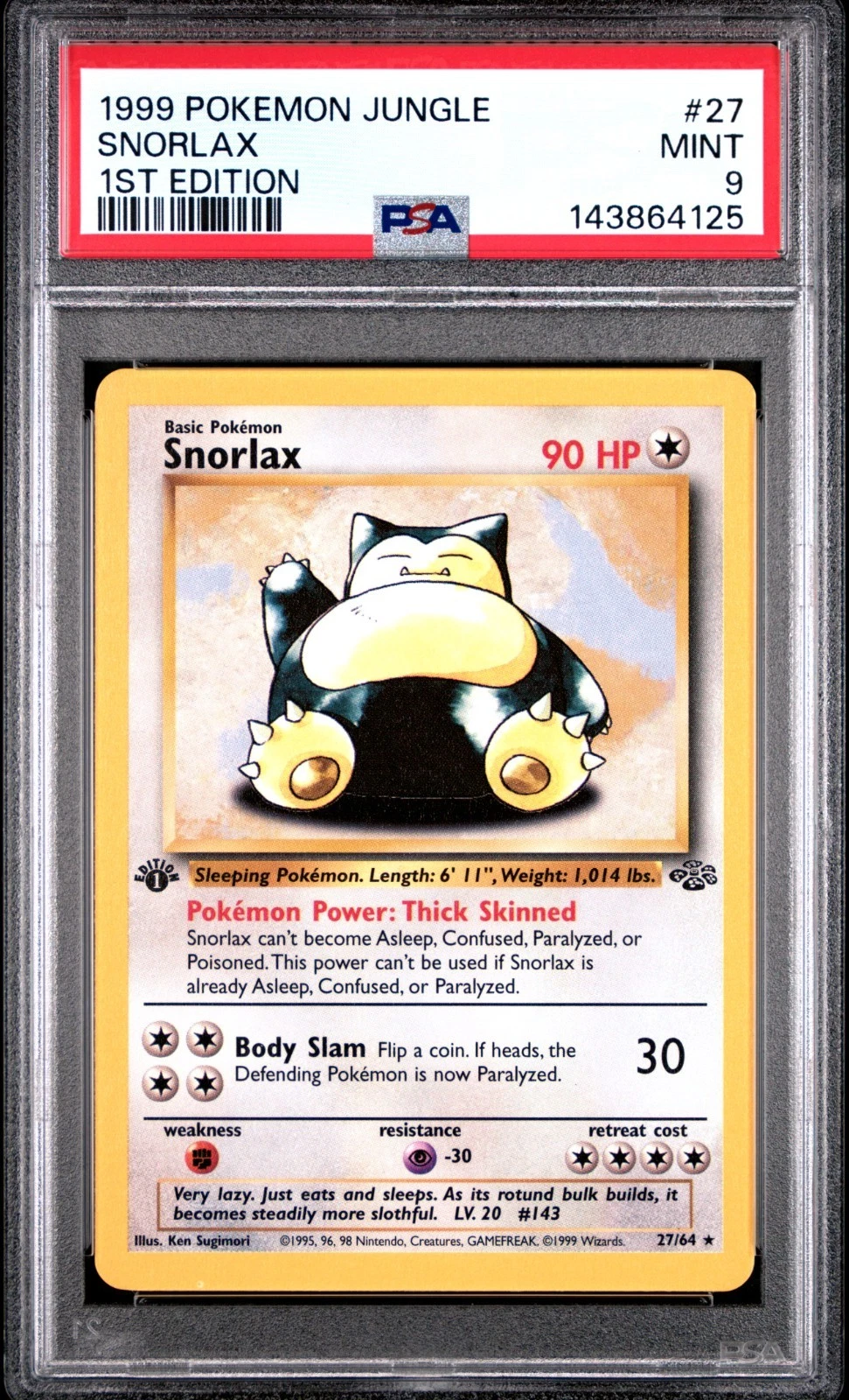 1999 POKEMON SNORLAX 1ST EDITION JUNGLE #27 PSA 9
