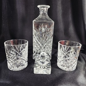 Czech Republic Crystal Decanter And Two Tumblers Diamond And Fan Cut Pattern