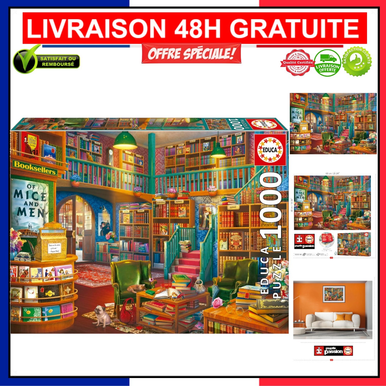 Grand puzzle éducatif 1000 pièces jeu de patience adulte format 68 x 48 cm