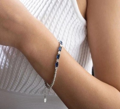 Tennis Bracelet 12 Ctw Emerald Cut Created Blue Sapphire 14K White Gold Finish