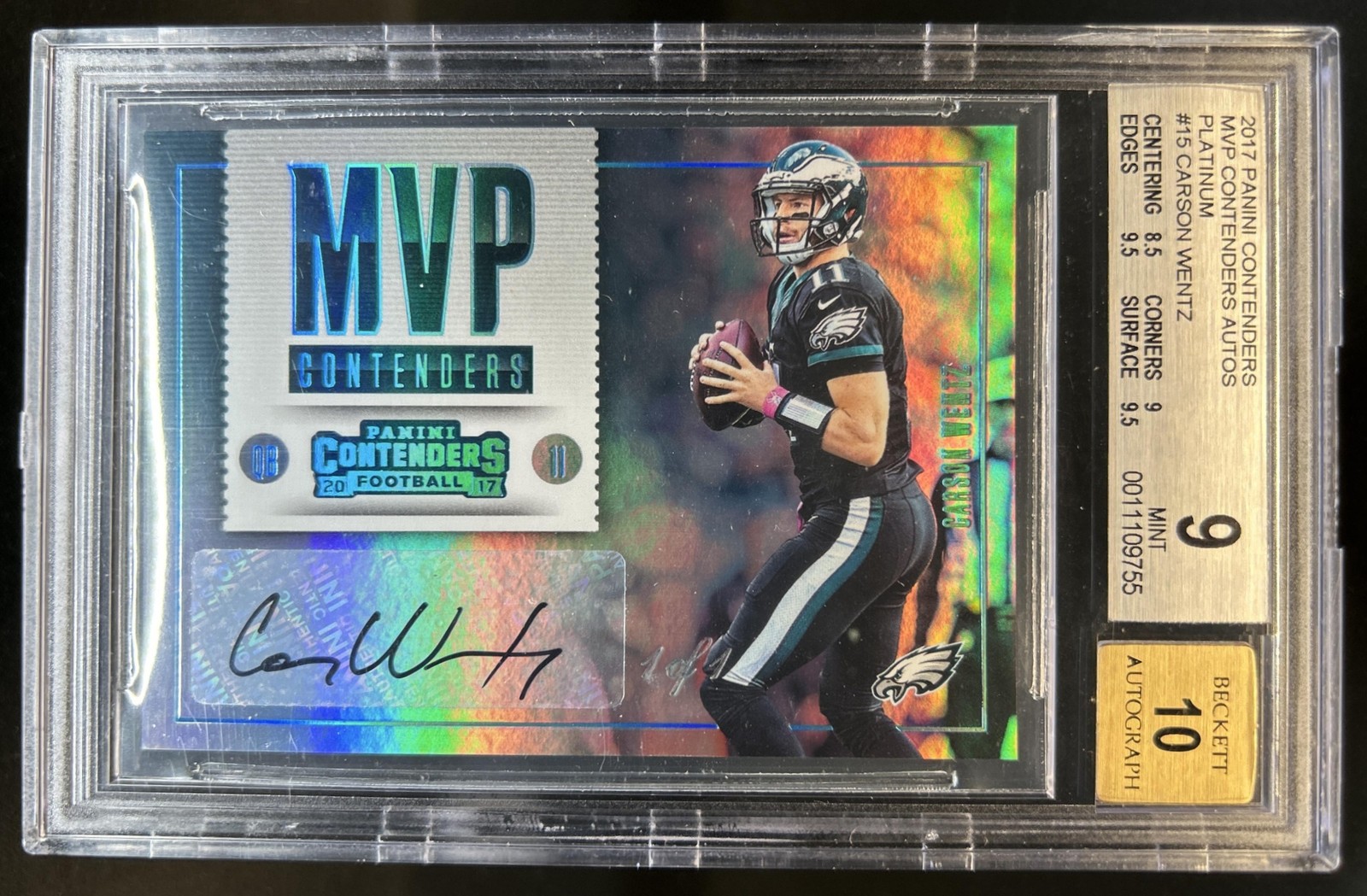 2017 Panini Contenders Carson Wentz MVP Auto Platinum #1/1 Eagles BGS 9/10