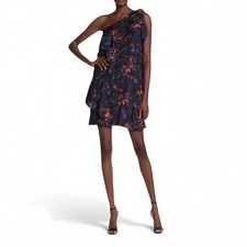Parker Floral Abrico One Shoulder Dress Size XS Black Multi Tiered Hem Lined