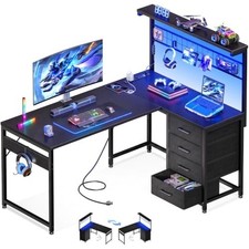  Reversible Computer Desk with Drawers,Corner Office Desk with LED Lights & Powe
