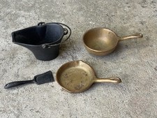 Salesman Sample Cast Iron Ash Pail /Coal Scuttle w/ Shovel 2   2 Copper Pans