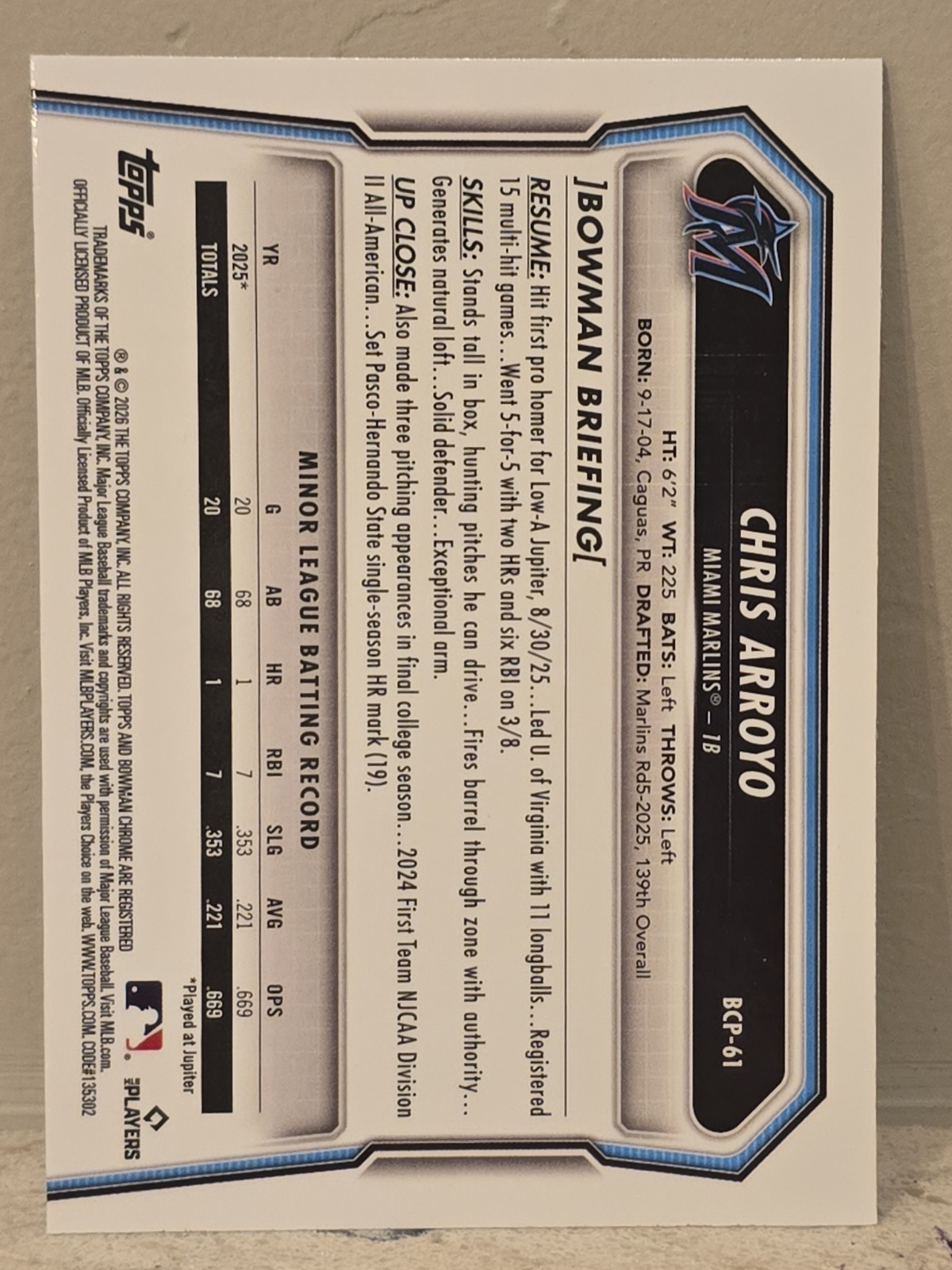 2026 Bowman Chrome Chris Arroyo 1st Blue Shimmer 034/150 Marlins view 3