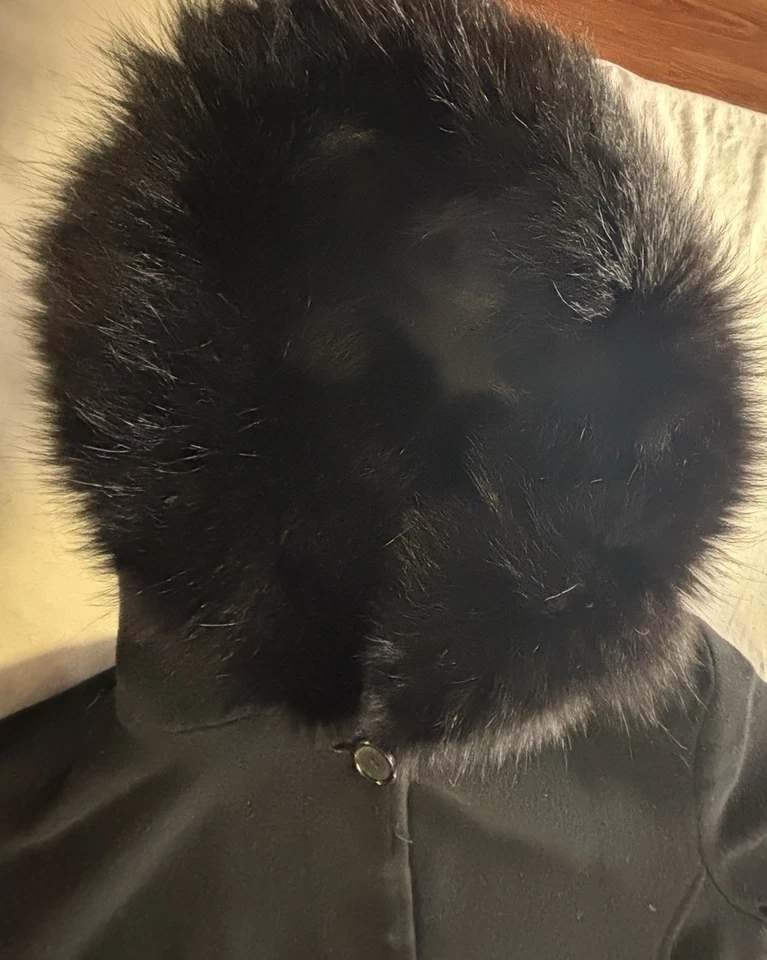 Abrigo largo Marvin Richards ribete de piel negro para mujer 14 vintage hecho en EE. UU. Foto 3 de 4