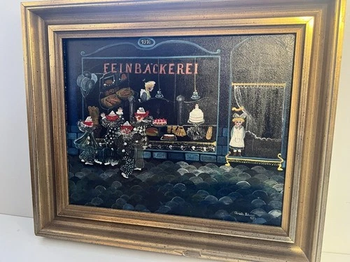 Painting painted on panel signed Ch. Schmidt delicatessen with CLOWNS