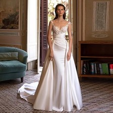 Elegant Satin Wedding Dresse Mermaid Scoop Draped Detachable Train Bride Prom