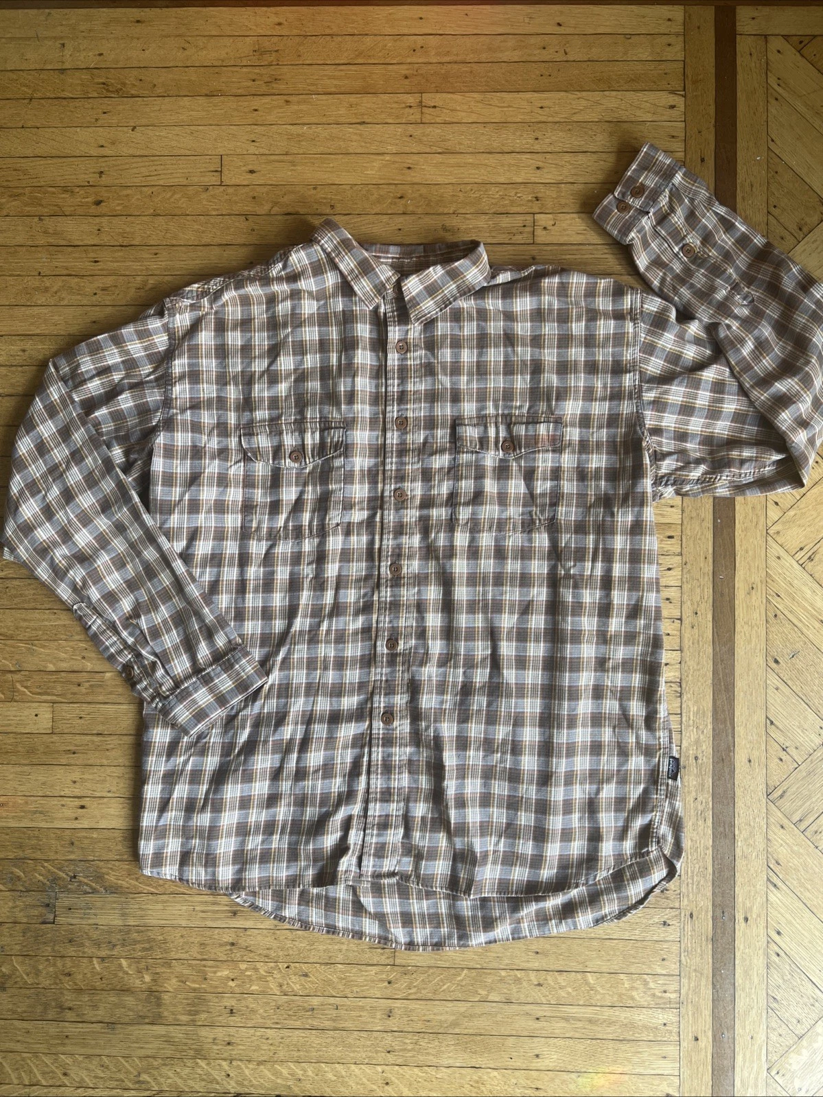 Patagonia Long Sleeve Button-Up Shirt Check Size Large Men's Cotton Brow