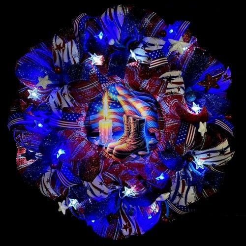 Patriotic Wreath With Lights Pre Lit Memorial Day July 4th Wreath Handmade 24 In