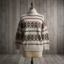 Vintage 90s Geometric Grandpa Sweater W's M Oversized Orange Green Beige Mock