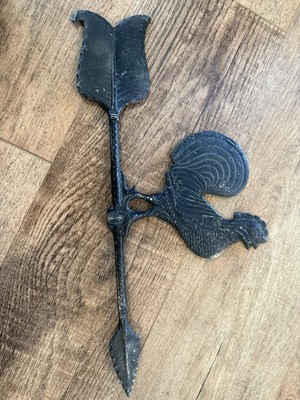 Vintage Cast Metal Black Rooster Weathervane Finial, Aged Patina 17.5 