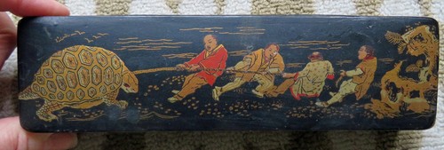 Antique Black Lacquer Japanese Pencil Case Box- Men pulling Sea Turtle- Germany