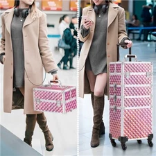 Rolling Makeup Case Artist Cosmetic Train Case Aluminum 4-In-1 Makeup Trolley 