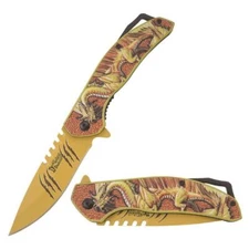 8.5" DARK FANTASY BLADES DRAGON PRINTED SPRING ASSISTED FOLDING KNIFE GOLD