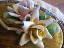 VINTAGE CAPODIMONTE PORCELAIN FLOWER WALL PLAQUE BRASS FRAME