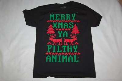 Mens Womens S/S Black T-Shirt MERRY CHRISTMAS YA FILTHY ANIMAL Reindeer SIZE L