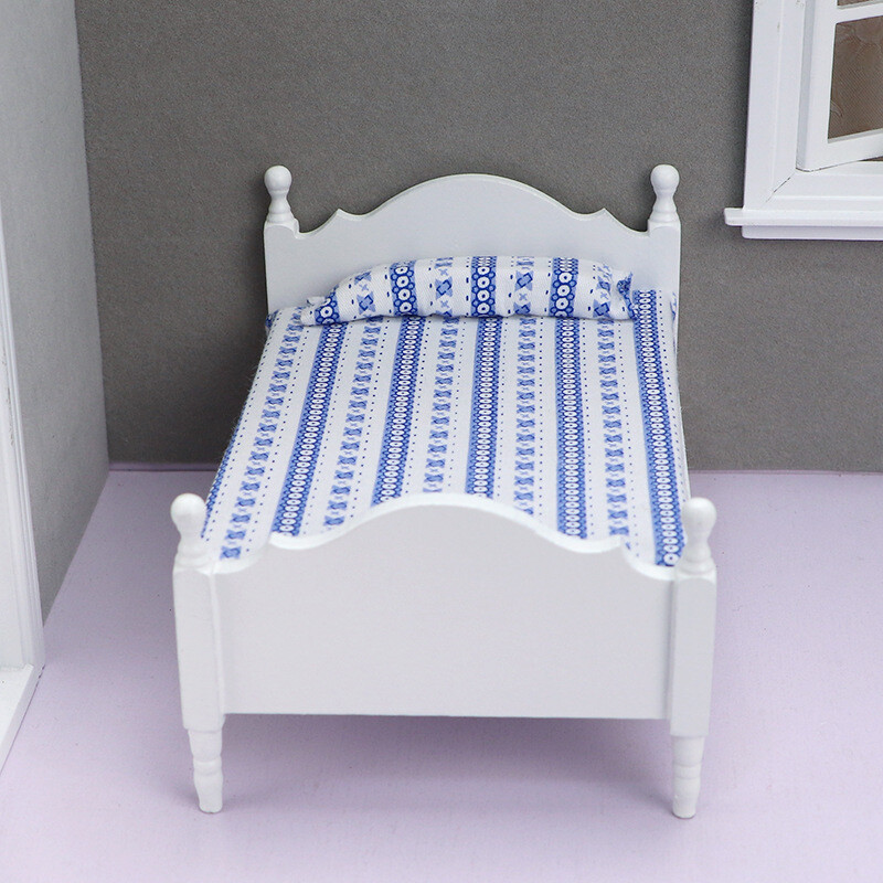 1/12 Scale Dollhouse Miniature White Bed Furniture Wooden Bedroom