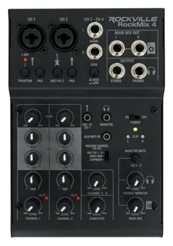 Rockville RockMix 4 Channel Mic/Instrument Pro Recording Mixer+USB Interface/EQ - Picture 1 of 11