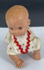 Wind Up Crawling Celluloid Baby White  Red Polka Dot Outfit Works Vintage Japan