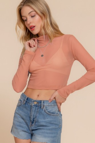 Women's Long Sleeve Mock Neck Mesh Top - Stretchy & Stylish for Layering or Solo - Picture 7 of 19