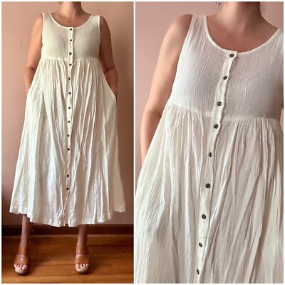 Vintage 90s Cotton Gauze Minimalist Dress Hippie Boho Pockets Button Up 