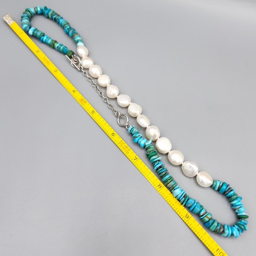 Kwan Collection Turquoise Freshwater Pearl Bead Sterling Silver Necklace 20" 41g - Picture 9 of 11