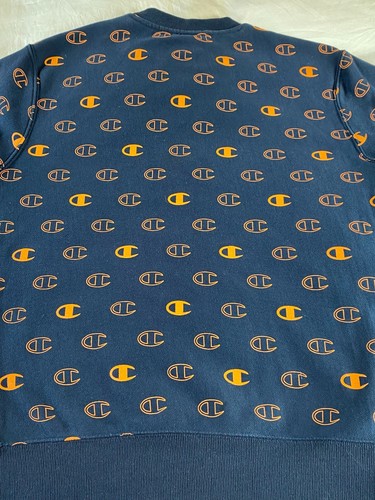 Champion Men's M Dark Blue Reverse Weave Sweatshirt Crewneck All Over Print Logo - Picture 6 of 7