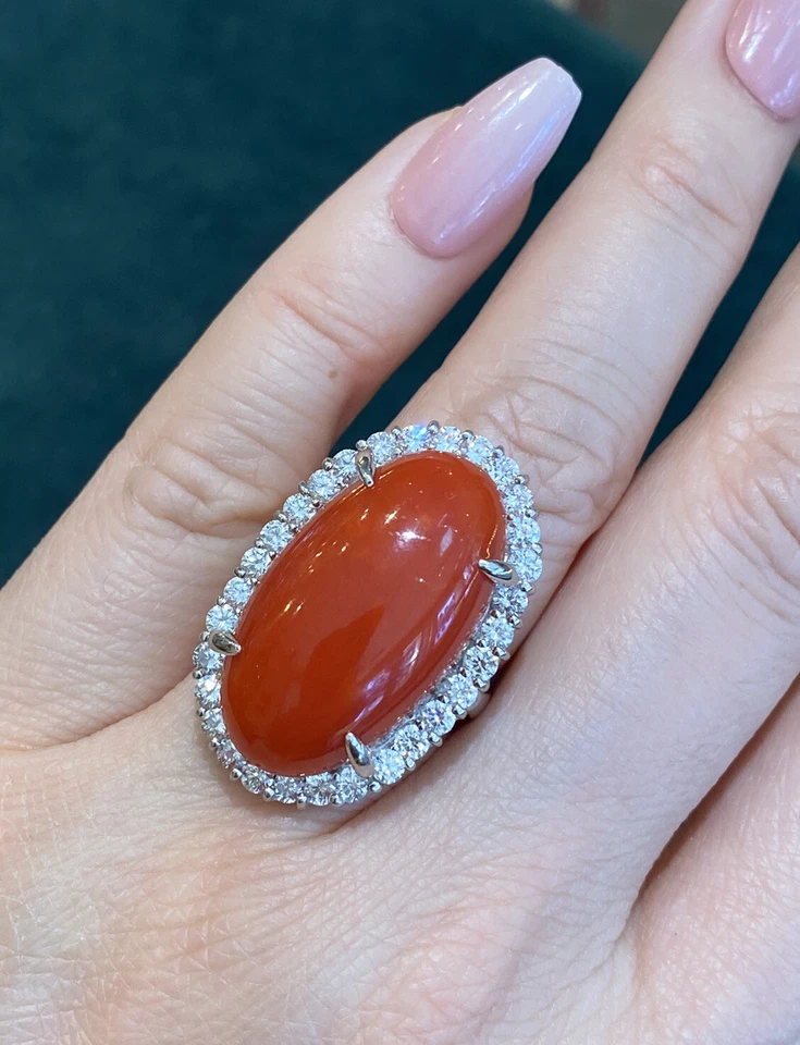 Estate 22,95 карата красный коралл и бриллиант большой коктейльное кольцо в платине -HM2318AA