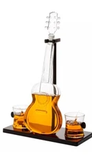 NEW Guitar Whiskey & Wine Decanter & Mahogany Base 2 Glass Decanter Brookstone 