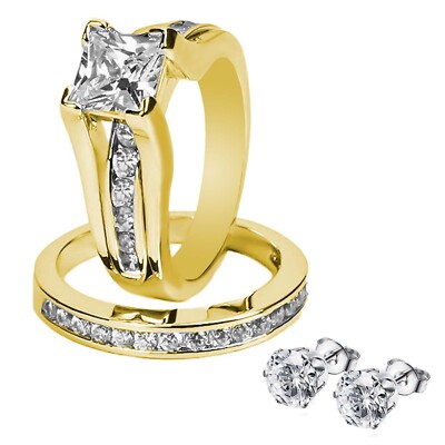 14k Gold Plated Princess AAA CZ Women's Wedding Ring Set + Free Stud Earrings