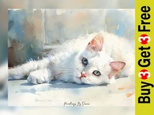 Calm Repose, Traditional Watercolor Cat Portrait Print 5"x7" on Matte Paper