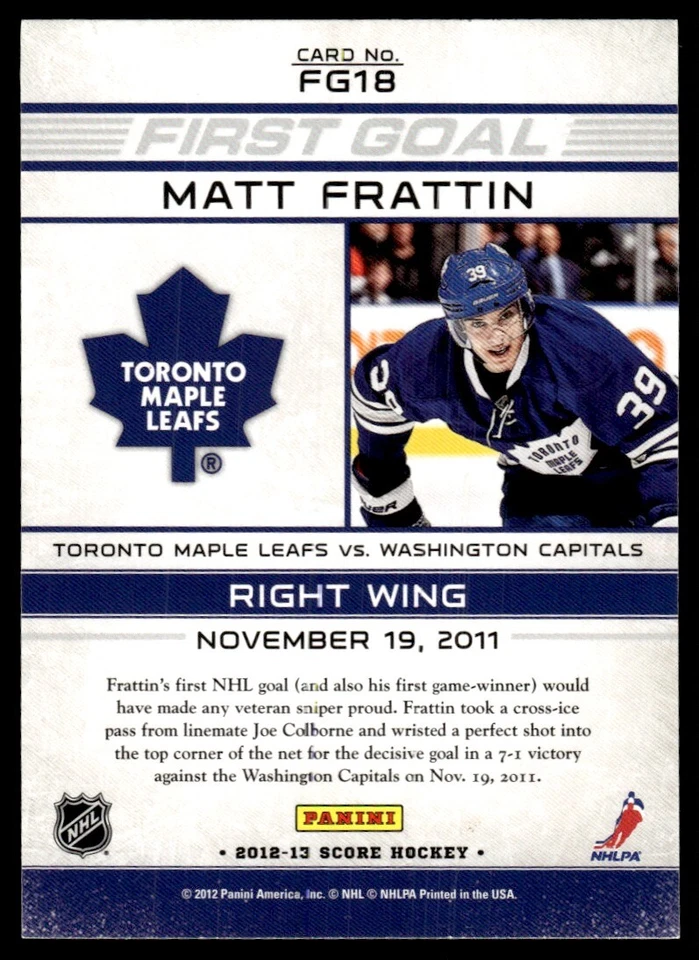 2012-13 Score First Goal Matt Frattin Toronto Maple Leafs #FG18 - Image 2 of 2