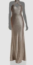  288 Aqua Women's Gold Sleeveless High Neck Sequin Halter Gown Dress Size 6