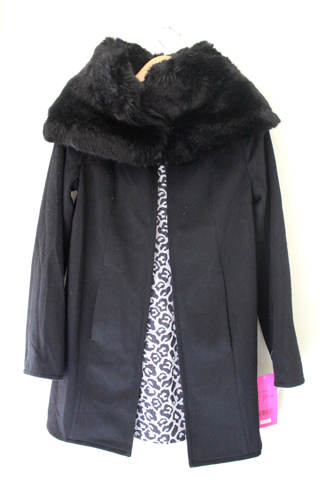 ALTRA NWT Betsey Johnson Black Snow Leopard Reversible Faux Fur Wool Coat XS $280