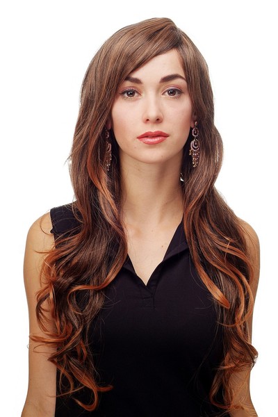 PerüCke Schwarz-Braun-Mix Locken Wellig Lang Seitenscheitel 70 Cm 9204S-2T114-image