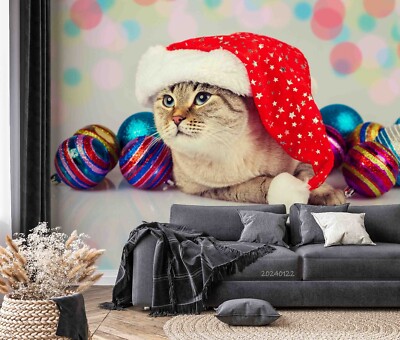 3D Christmas Cat Bell Self-adhesive Removable Wallpaper Murals
