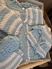 BLUE BABY Sweater Bonnet  Booties Made in USA by SEARS NEW BOXED SET vintage